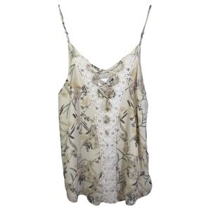 Blu Heaven Floral Lace-Up Cami Top Cream Yellow Crochet Trim HR5272 Womens Large